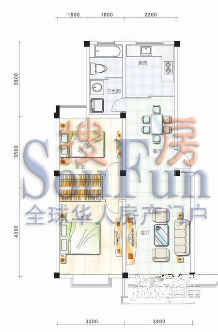 东方丽景2室2厅1卫75㎡户型图