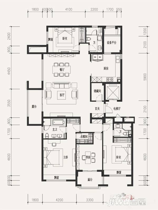 富力西溪悦居溪区4室2厅3卫189㎡户型图