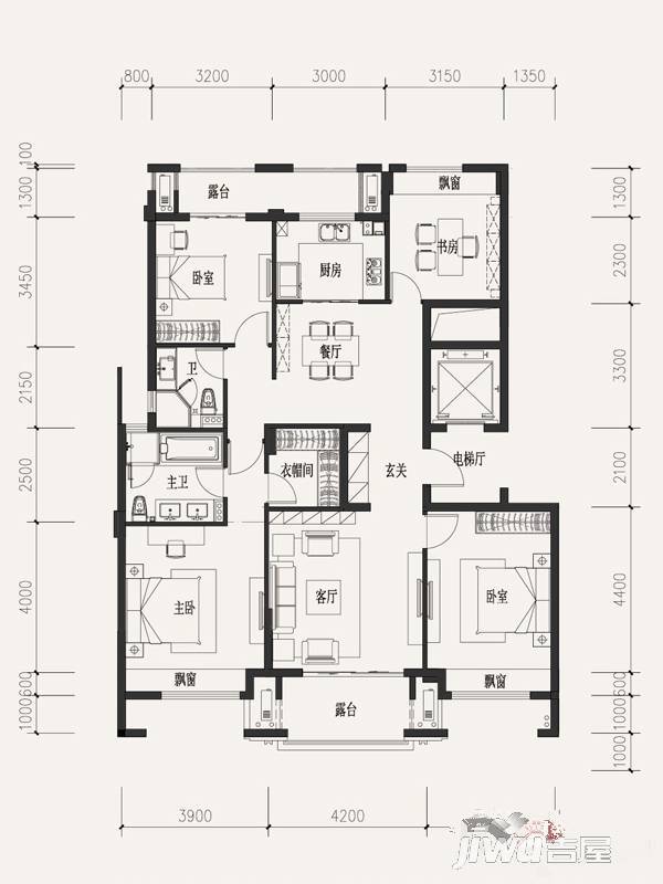 富力西溪悦居溪区4室2厅3卫189㎡户型图