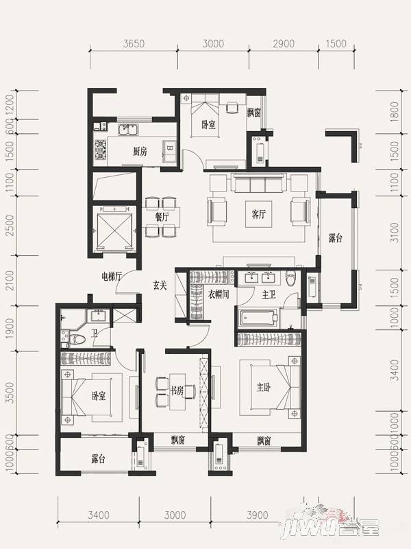 富力西溪悦居溪区4室2厅3卫189㎡户型图