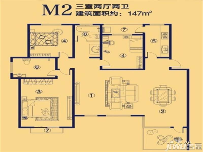 万创公园世纪3室2厅2卫147㎡户型图