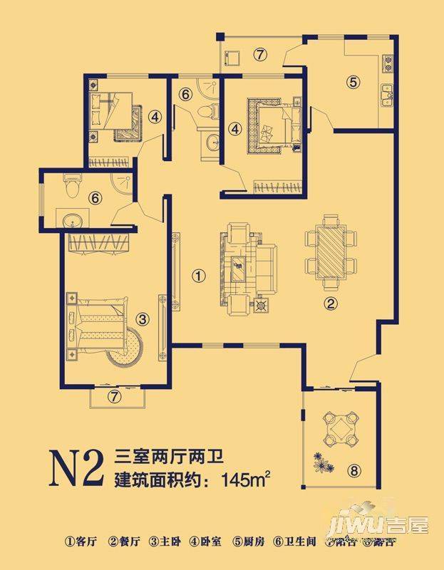 原阳上宅公园世纪3室2厅2卫145㎡户型图