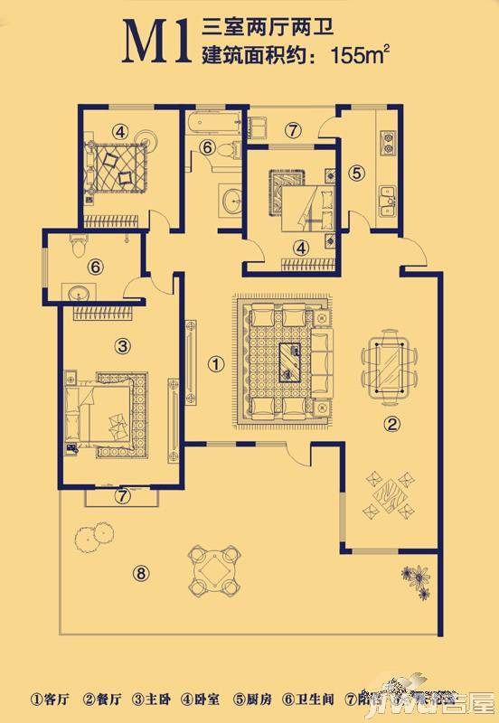 原阳上宅公园世纪3室2厅2卫155㎡户型图