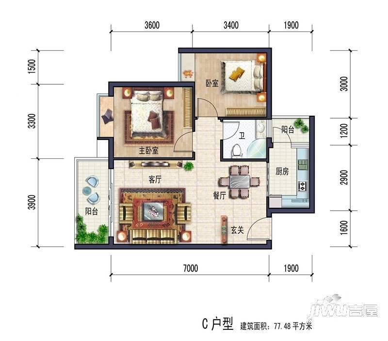 锦绣豪庭2室2厅1卫77.5㎡户型图