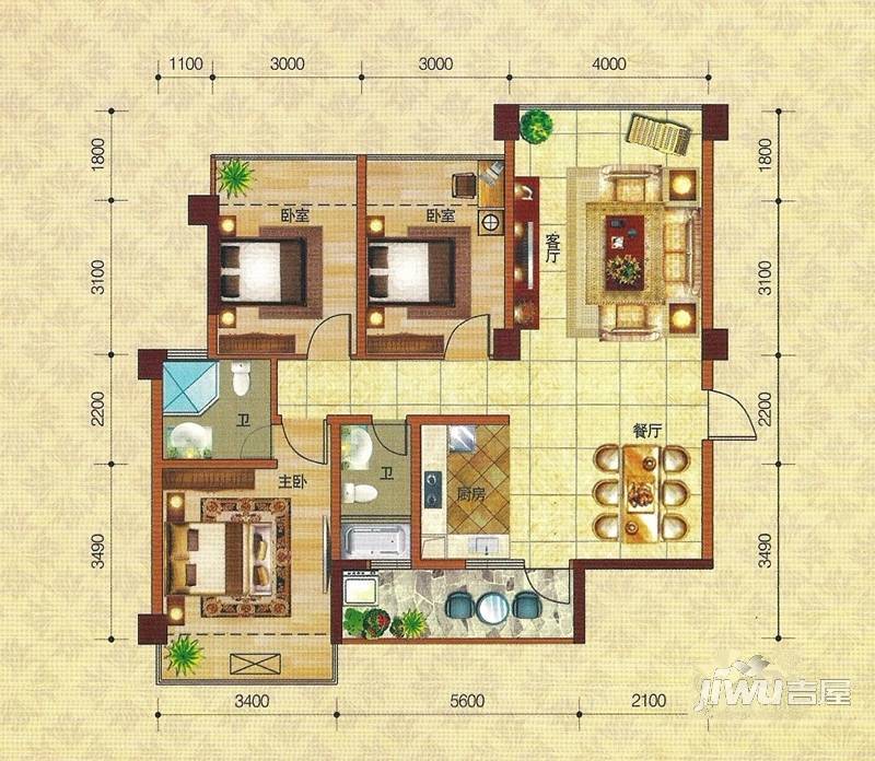 伟弘锦绣世家3室2厅2卫112.1㎡户型图