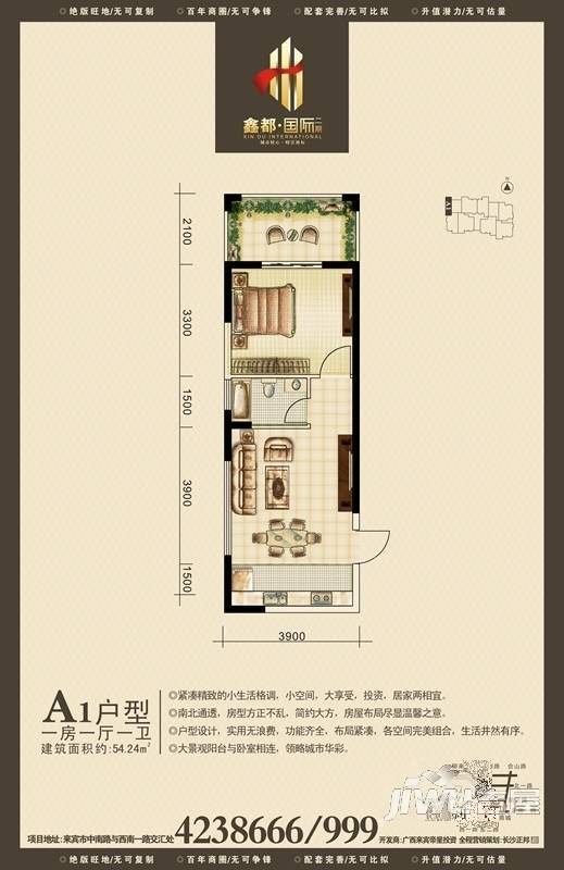 鑫都国际二期1室1厅1卫54.2㎡户型图