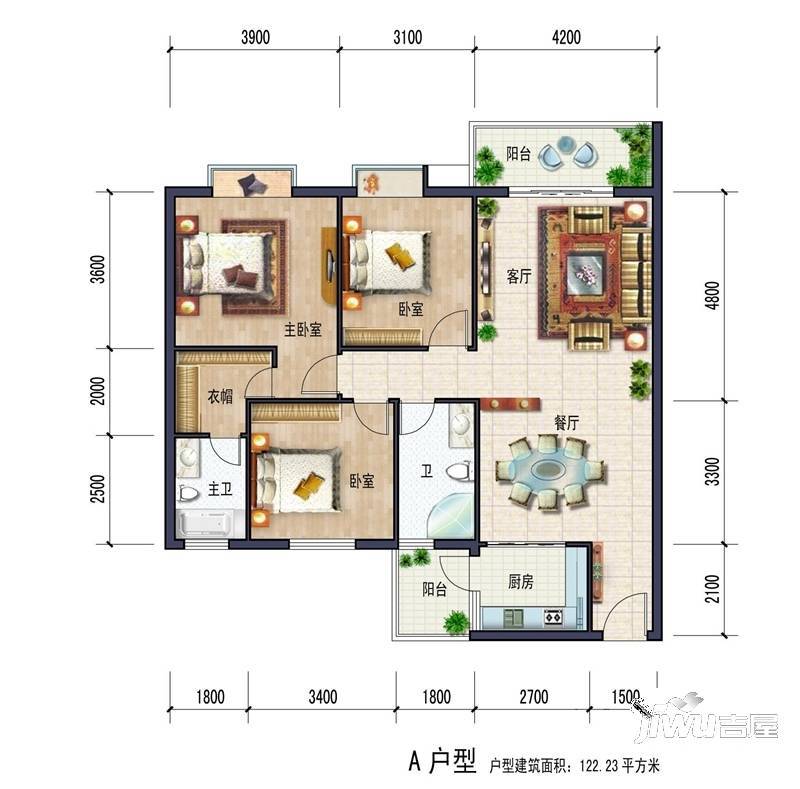 锦绣豪庭3室2厅2卫122.2㎡户型图