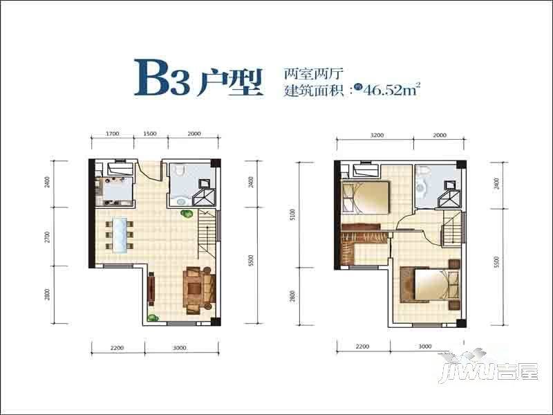 ICC汉阳国际公寓2室2厅1卫46.5㎡户型图