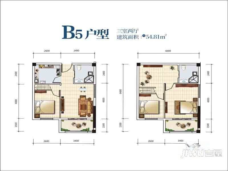 ICC汉阳国际公寓3室2厅1卫54.8㎡户型图
