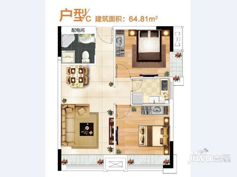 奥特莱斯V公寓2室2厅1卫64㎡户型图