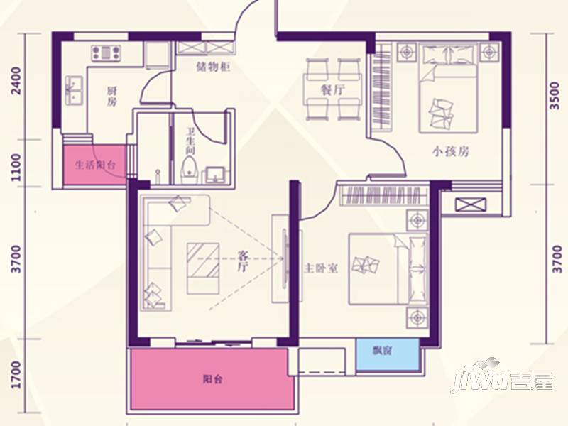 银湖水榭三期2室2厅1卫90㎡户型图