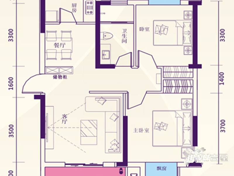 银湖水榭三期2室2厅1卫93㎡户型图