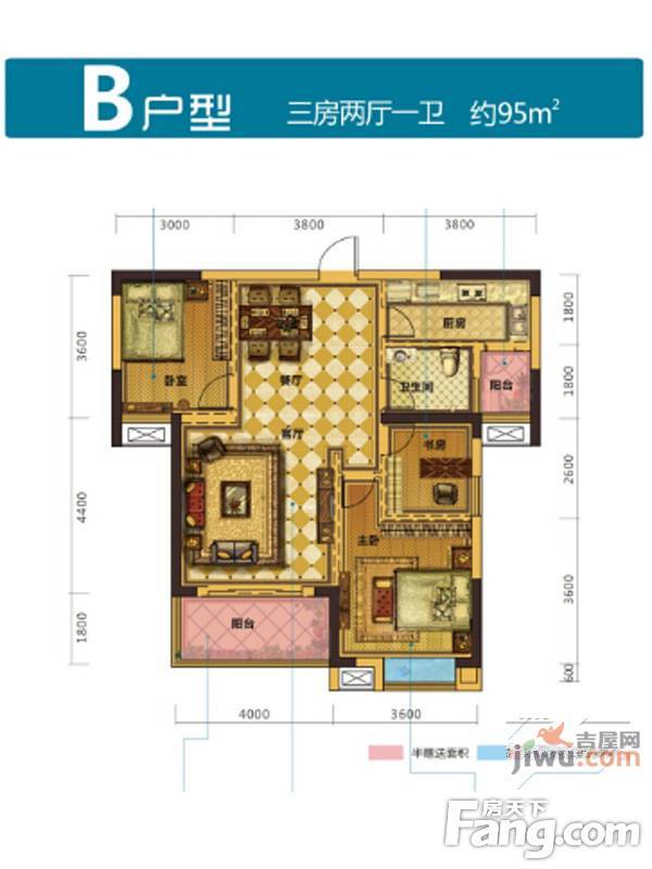 万龙中央公园3室2厅1卫95㎡户型图