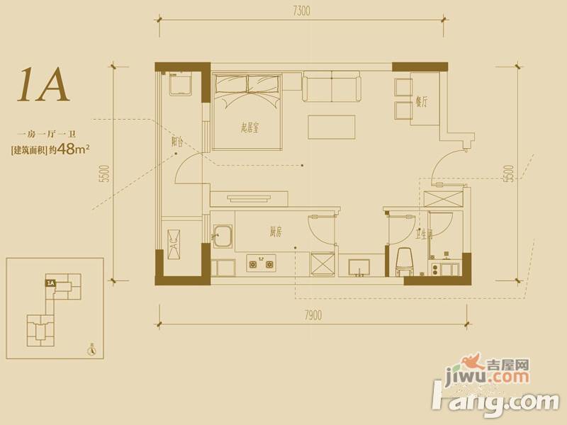 万科金域湖庭1室1厅1卫48㎡户型图