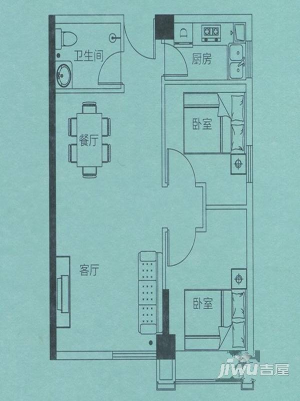 海联时代广场2室2厅1卫65.4㎡户型图