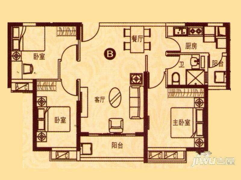 恒大御景3室2厅2卫124.9㎡户型图