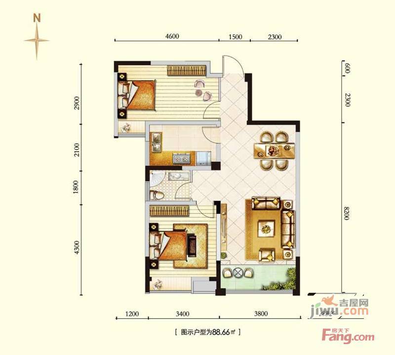 金汇璞玉天城2室2厅1卫88.7㎡户型图