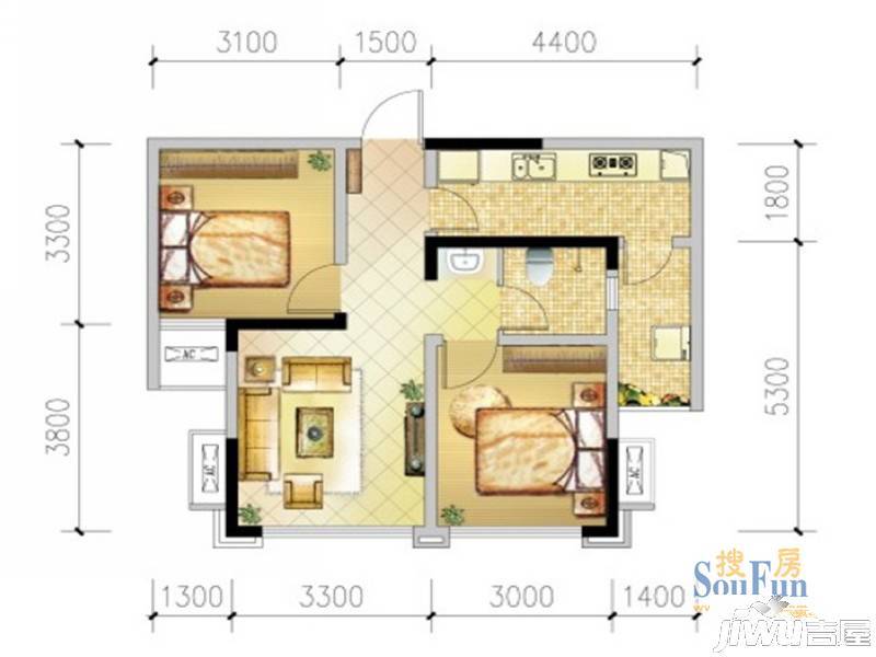 瀛洲首府2室1厅1卫53㎡户型图