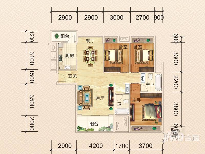 万绿桃源3室2厅2卫118.1㎡户型图