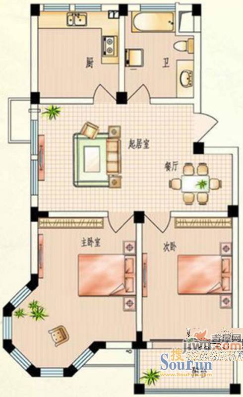 天和家园2室2厅1卫87.1㎡户型图