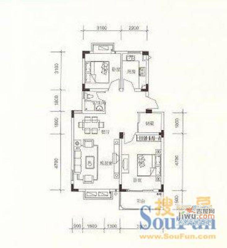 康桥水岸2室2厅1卫户型图