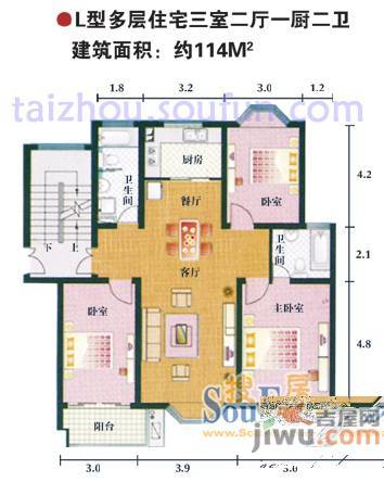 西湖翠园3室2厅2卫114㎡户型图