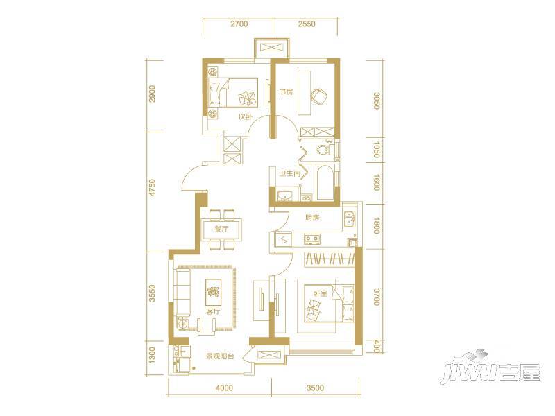 宝龙观邸3室2厅1卫90㎡户型图