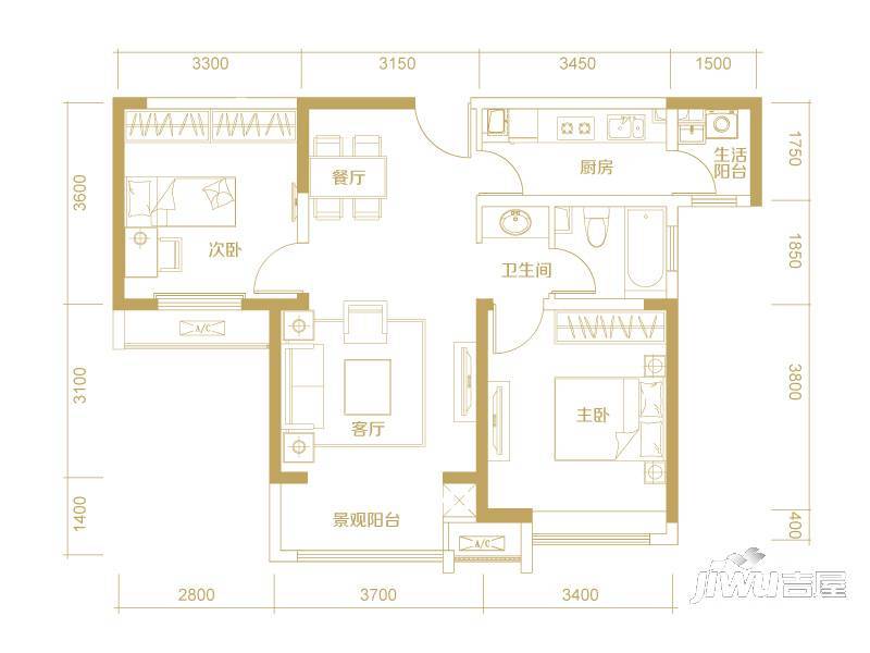 宝龙观邸2室2厅1卫85㎡户型图