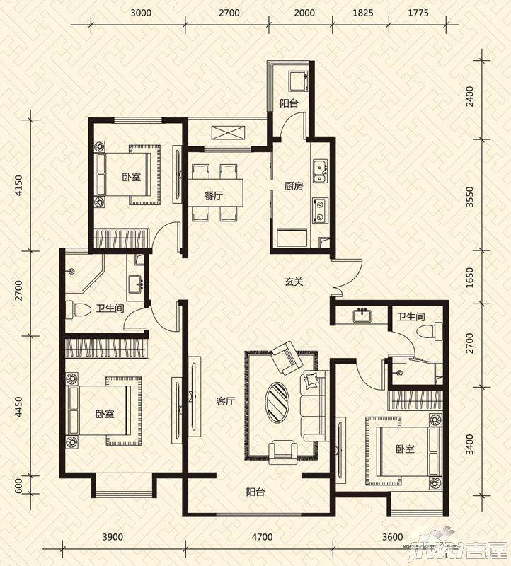 远洋万和城3室2厅2卫175.4㎡户型图