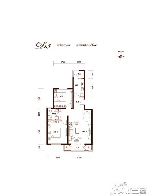 首创溪堤郡雅园2室2厅1卫93㎡户型图