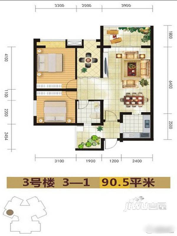 御景东城2室2厅1卫82.8㎡户型图