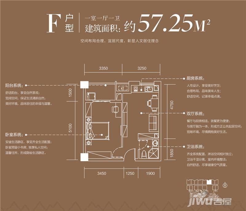 金地国际城2期阳光里1室1厅1卫57.3㎡户型图