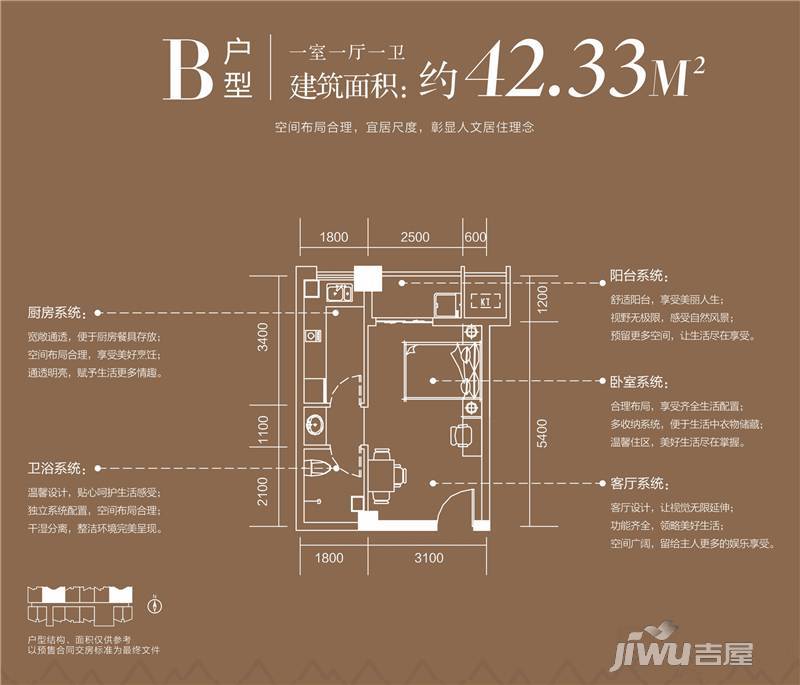 金地国际城2期阳光里1室1厅1卫42.3㎡户型图