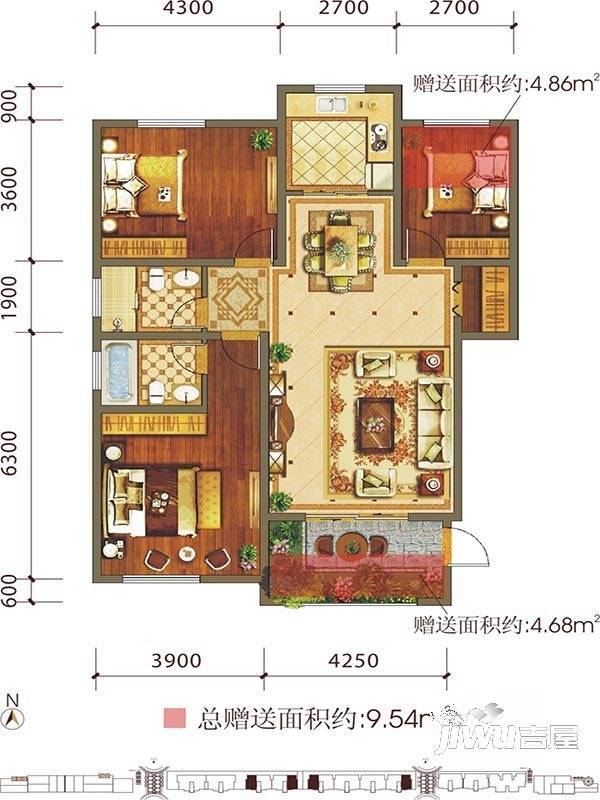 九栋洋楼3期3室2厅2卫135.3㎡户型图