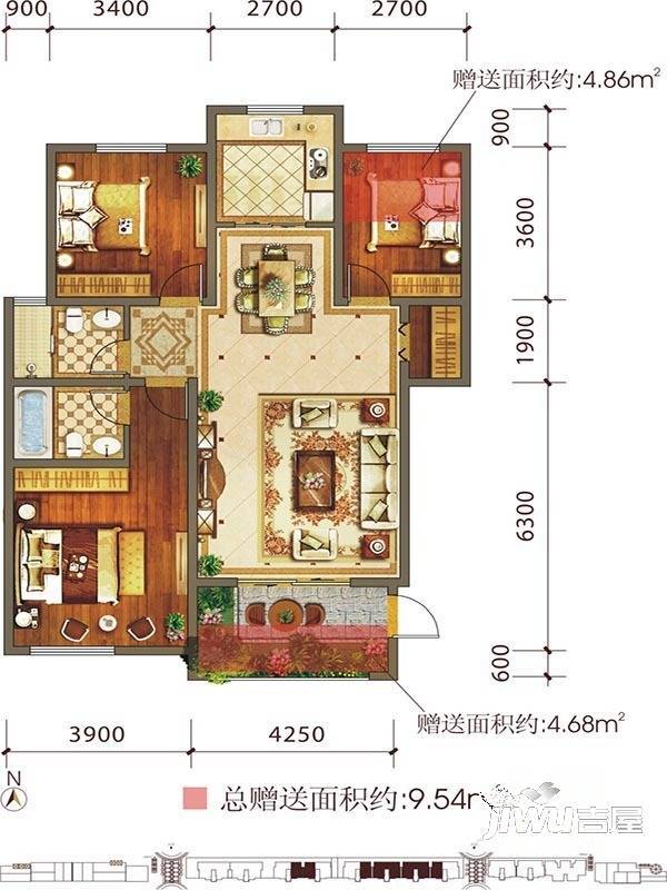 九栋洋楼3期3室2厅2卫135.3㎡户型图