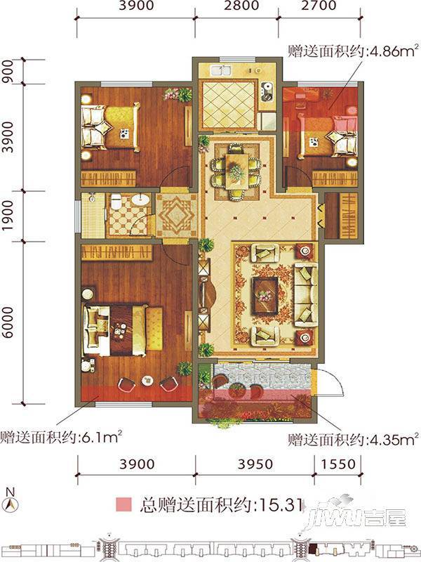 九栋洋楼3期3室2厅2卫135.3㎡户型图