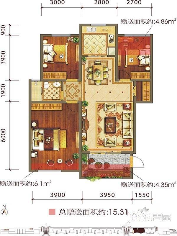 九栋洋楼3期3室2厅2卫135.3㎡户型图