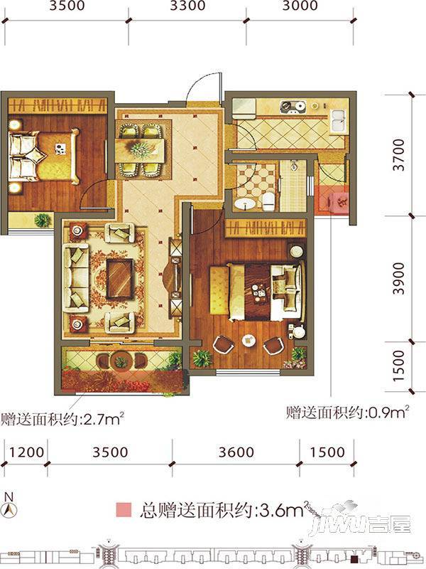 九栋洋楼3期3室2厅2卫135.3㎡户型图