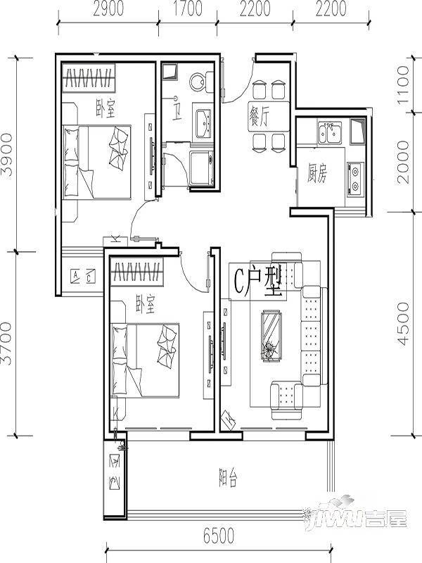 润泽臻品2室2厅1卫80.9㎡户型图