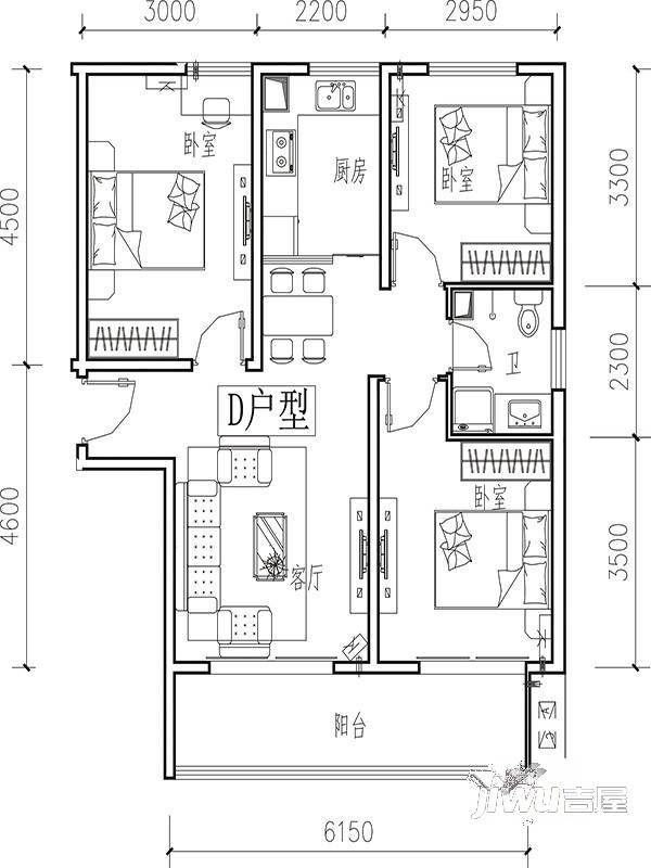 润泽臻品3室2厅1卫111.7㎡户型图