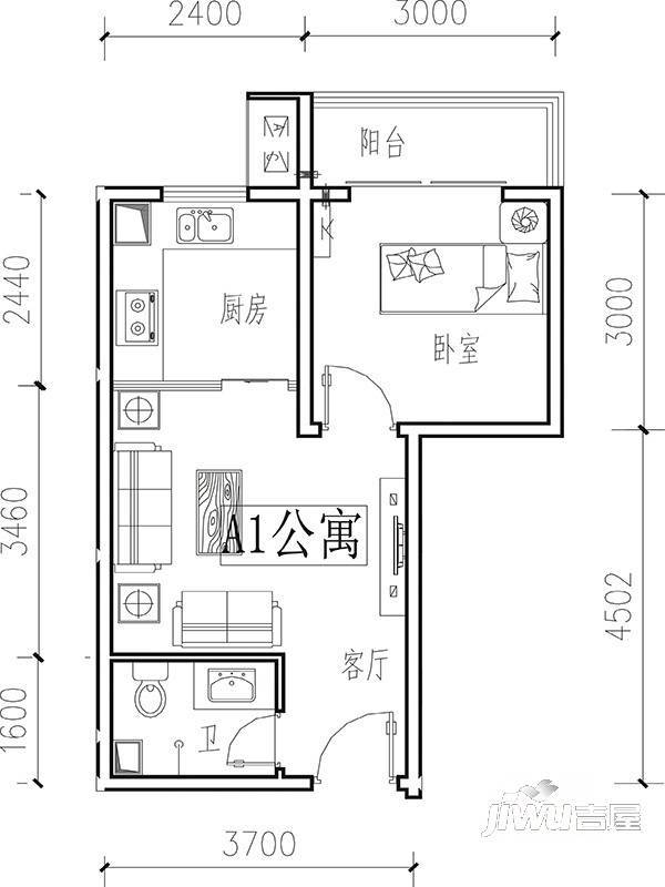 润泽臻品1室1厅1卫46.2㎡户型图