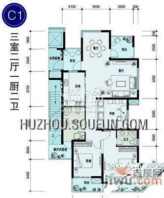 加利广场3室2厅1卫115㎡户型图