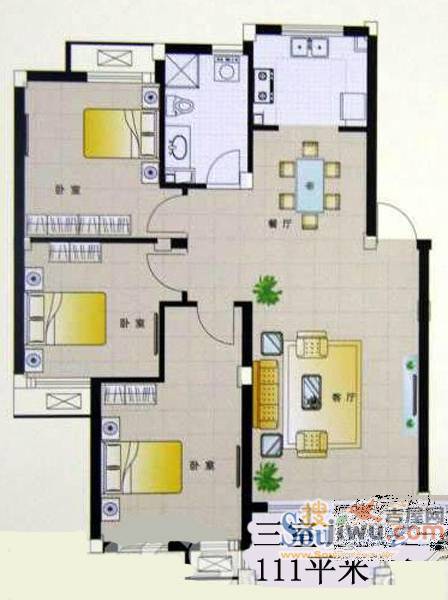 绿城德清桂花城3室2厅1卫111㎡户型图