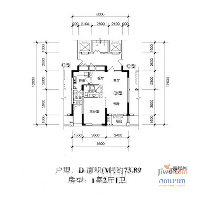 画溪春天2室2厅1卫87.5㎡户型图