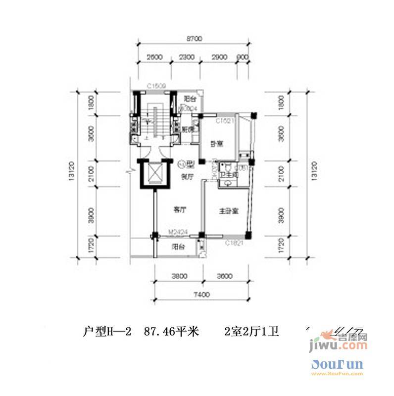 画溪春天2室2厅1卫87.5㎡户型图