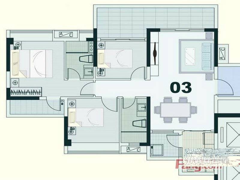 东凌广场3室2厅2卫94㎡户型图