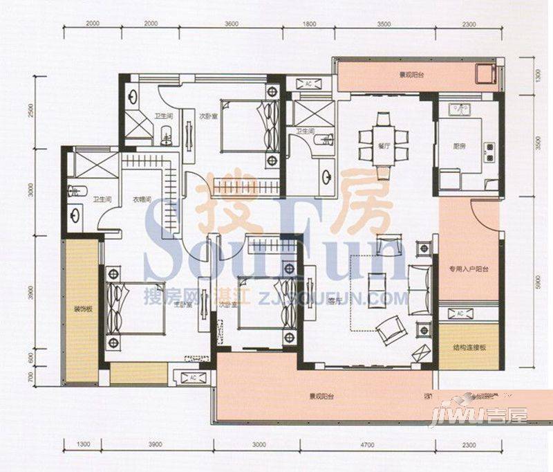 西粤京基城二期3室2厅3卫171㎡户型图