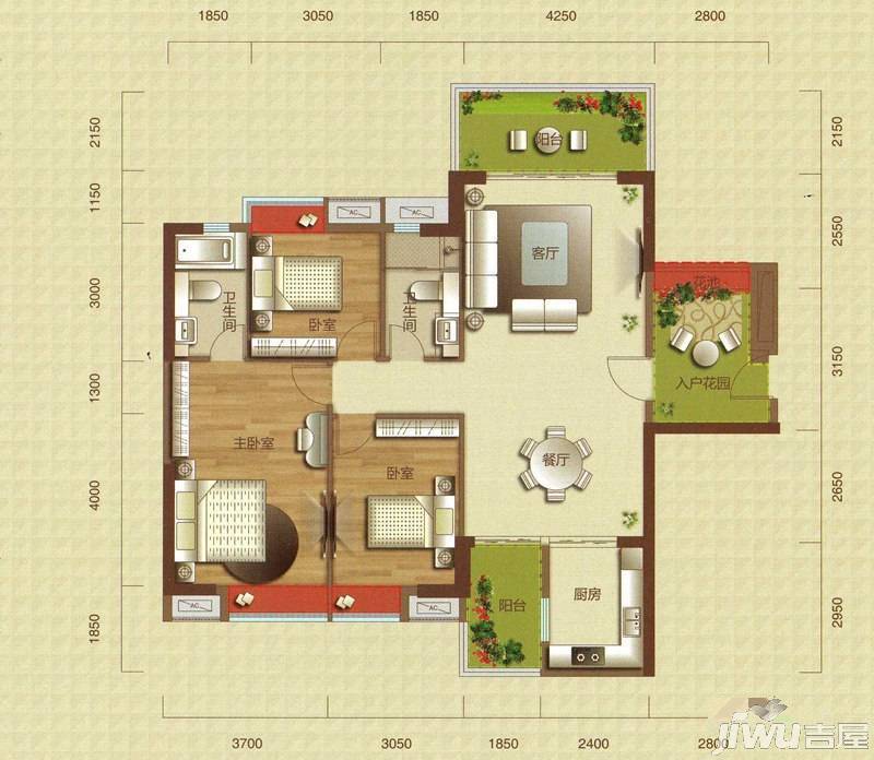 湛江启达东海岸f3户型图_首付金额_3室2厅2卫_131.0平米 吉屋网