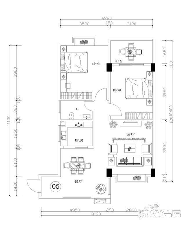 茂达居2室2厅1卫84㎡户型图