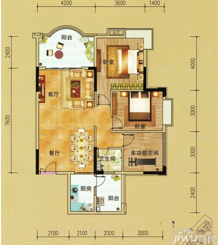 华盛新城二期2室2厅1卫81㎡户型图